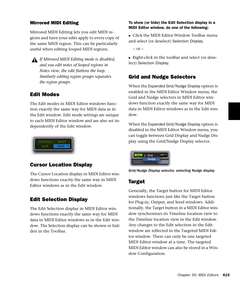 Edit modes, Cursor location display, Edit selection display | Grid and nudge selectors, Target | M-AUDIO Pro Tools Recording Studio User Manual | Page 633 / 1112