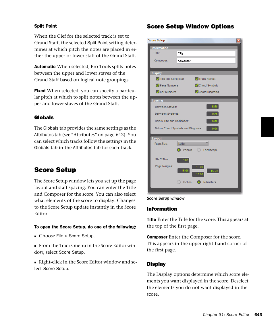 Score setup, Score setup window options | M-AUDIO Pro Tools Recording Studio User Manual | Page 661 / 1112