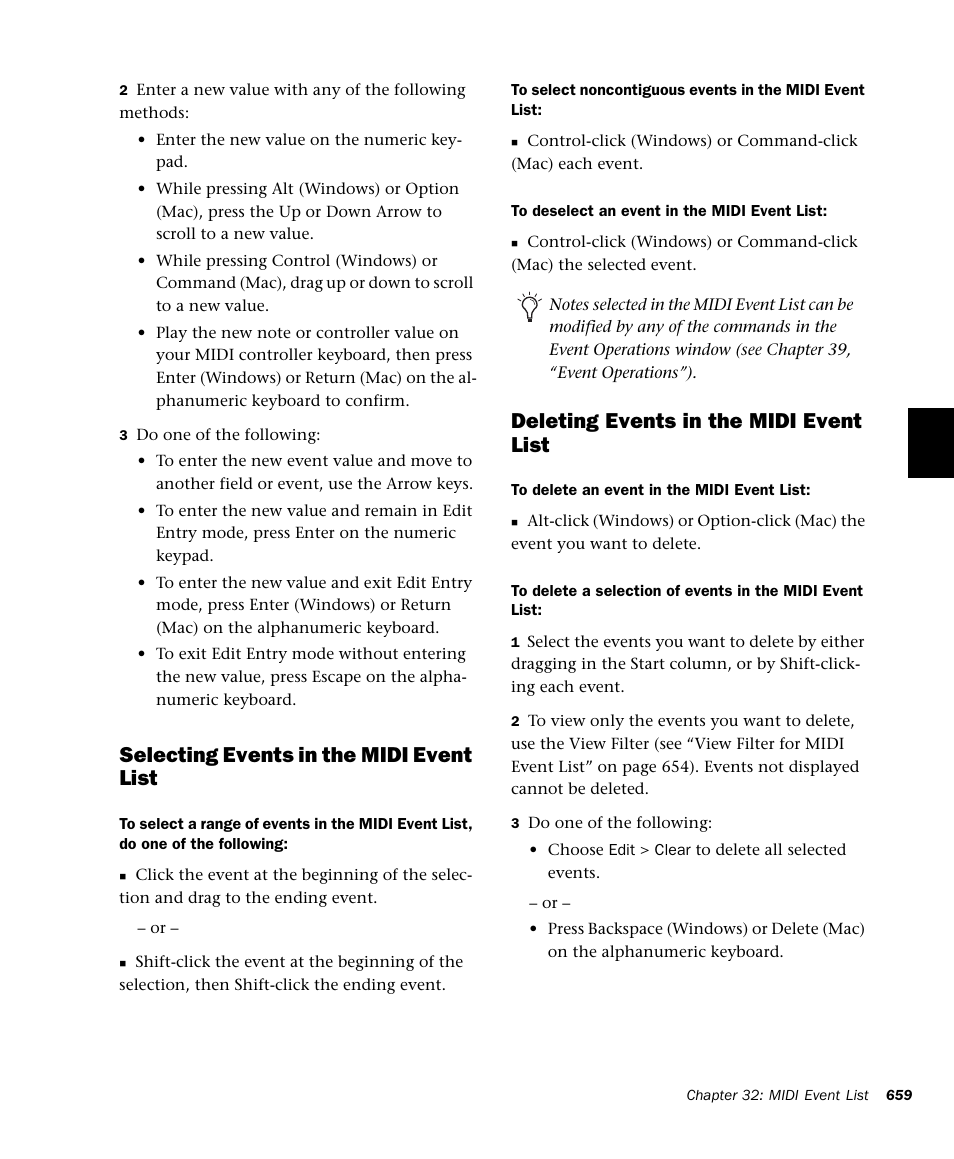 Selecting events in the midi event list, Deleting events in the midi event list | M-AUDIO Pro Tools Recording Studio User Manual | Page 677 / 1112