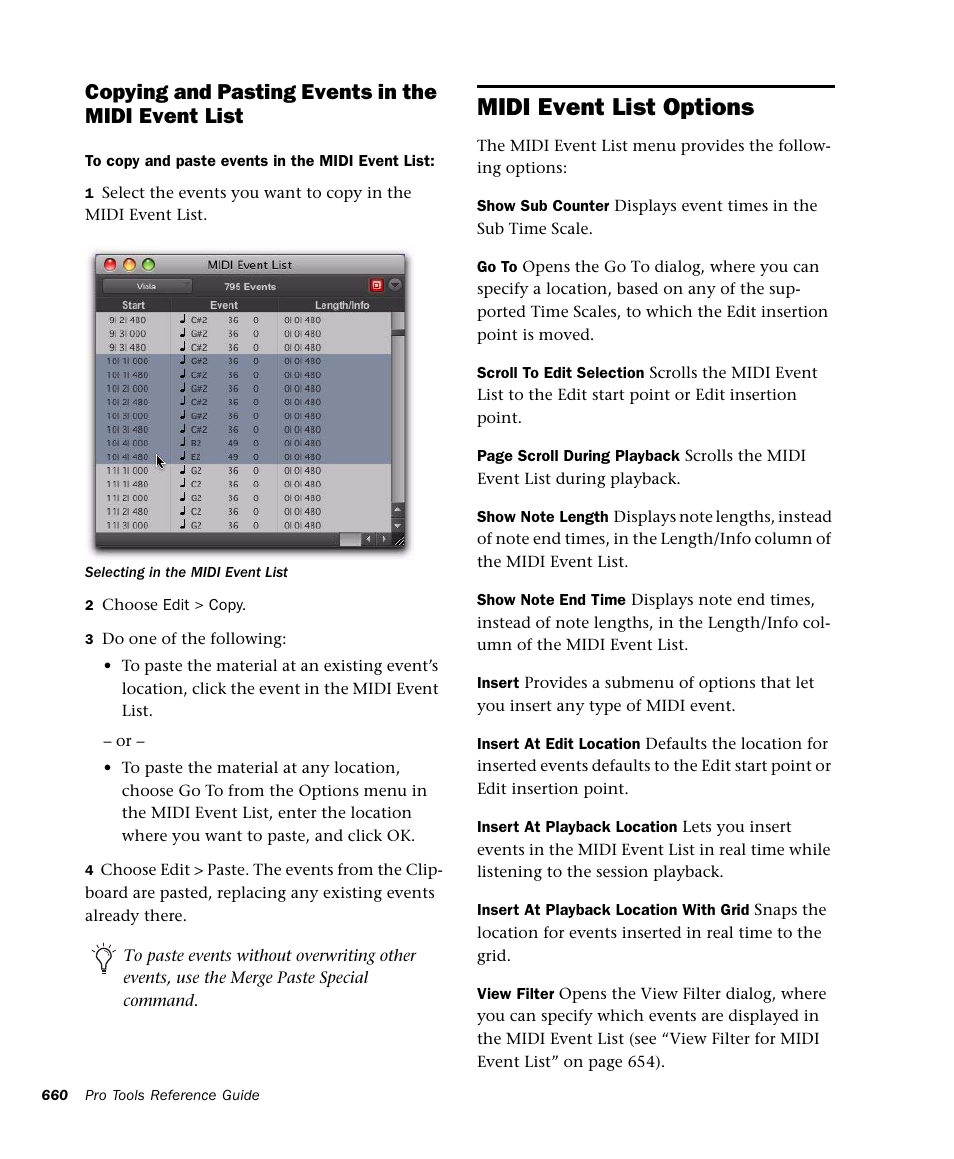 Midi event list options, Copying and pasting events in the midi event list | M-AUDIO Pro Tools Recording Studio User Manual | Page 678 / 1112