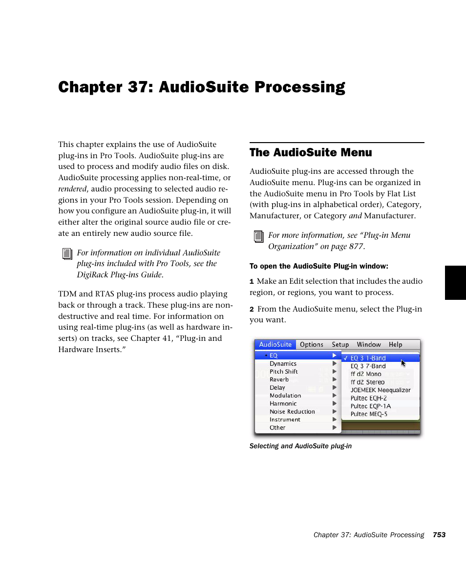 Chapter 37: audiosuite processing, The audiosuite menu, Audiosuite processing | M-AUDIO Pro Tools Recording Studio User Manual | Page 771 / 1112