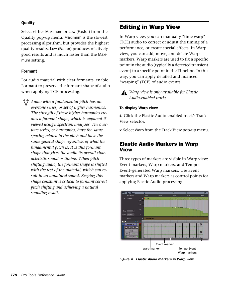 Editing in warp view, Elastic audio markers in warp view | M-AUDIO Pro Tools Recording Studio User Manual | Page 796 / 1112