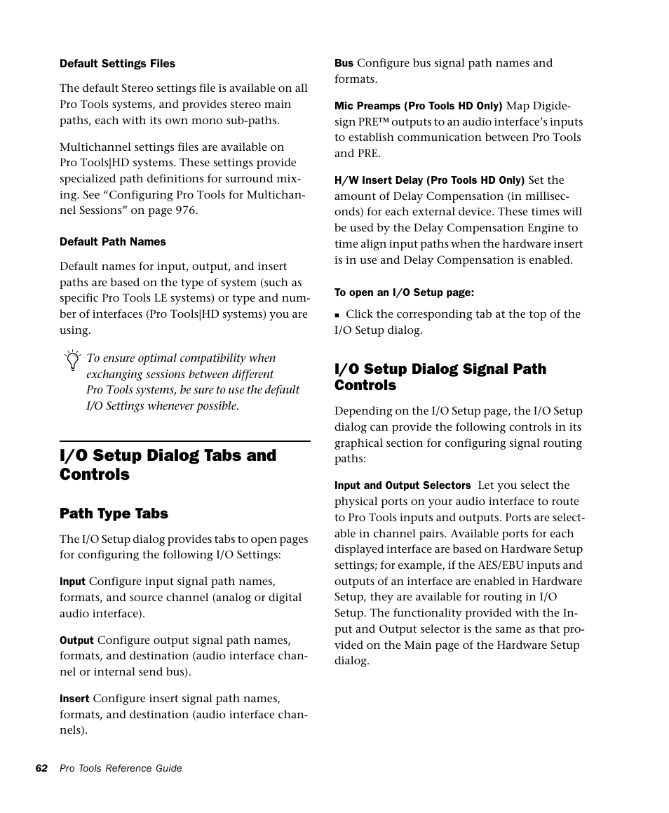 I/o setup dialog tabs and controls, Path type tabs, I/o setup dialog signal path controls | M-AUDIO Pro Tools Recording Studio User Manual | Page 80 / 1112