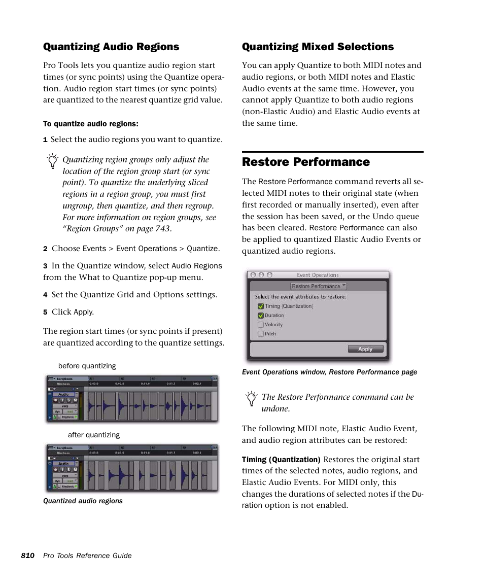 Restore performance, Quantizing audio regions, Quantizing mixed selections | M-AUDIO Pro Tools Recording Studio User Manual | Page 828 / 1112