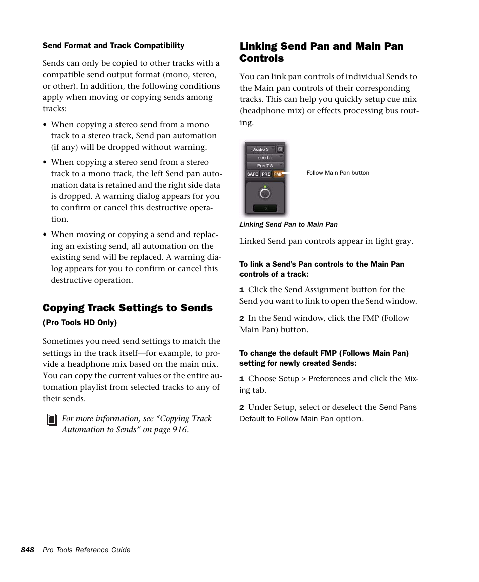 Copying track settings to sends, Linking send pan and main pan controls | M-AUDIO Pro Tools Recording Studio User Manual | Page 866 / 1112