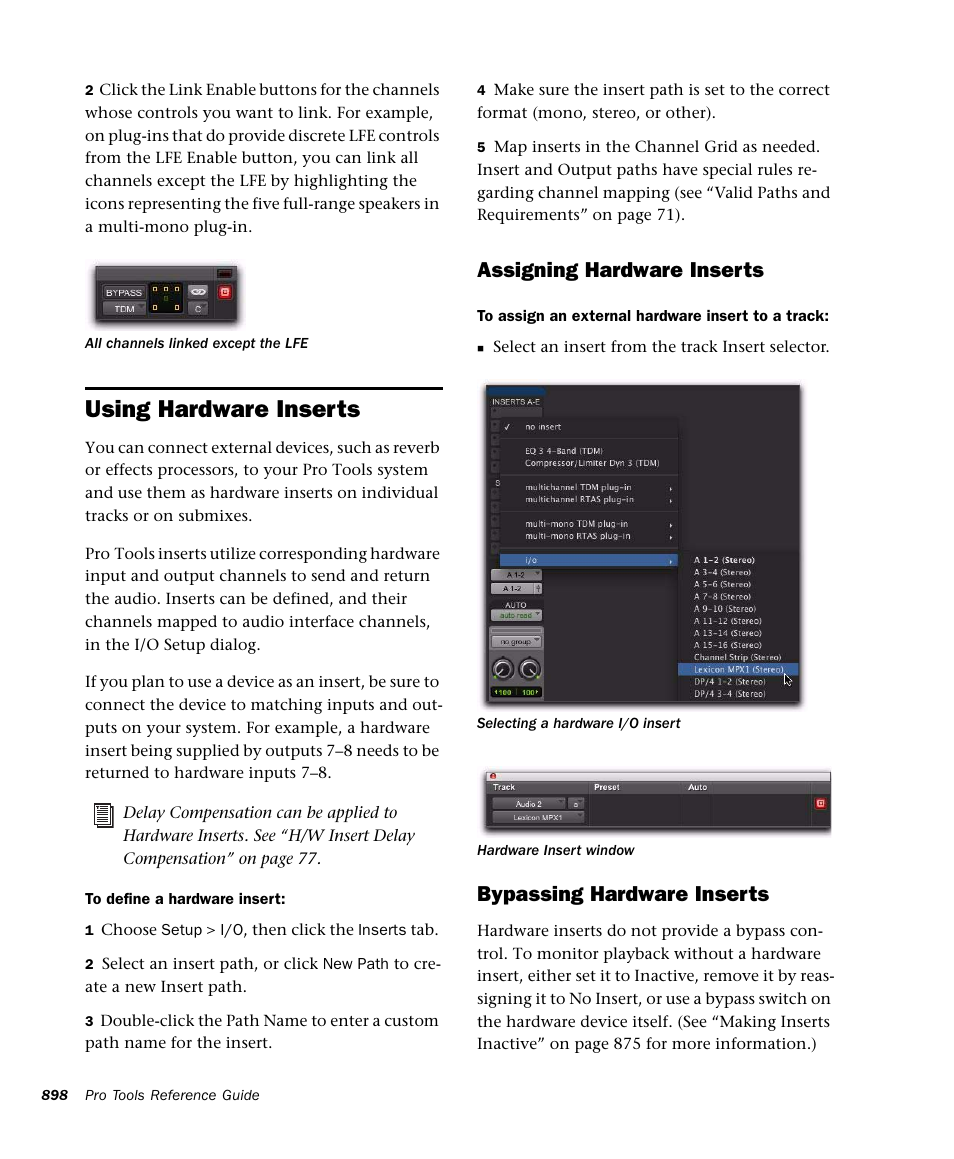 Using hardware inserts, Assigning hardware inserts, Bypassing hardware inserts | M-AUDIO Pro Tools Recording Studio User Manual | Page 916 / 1112