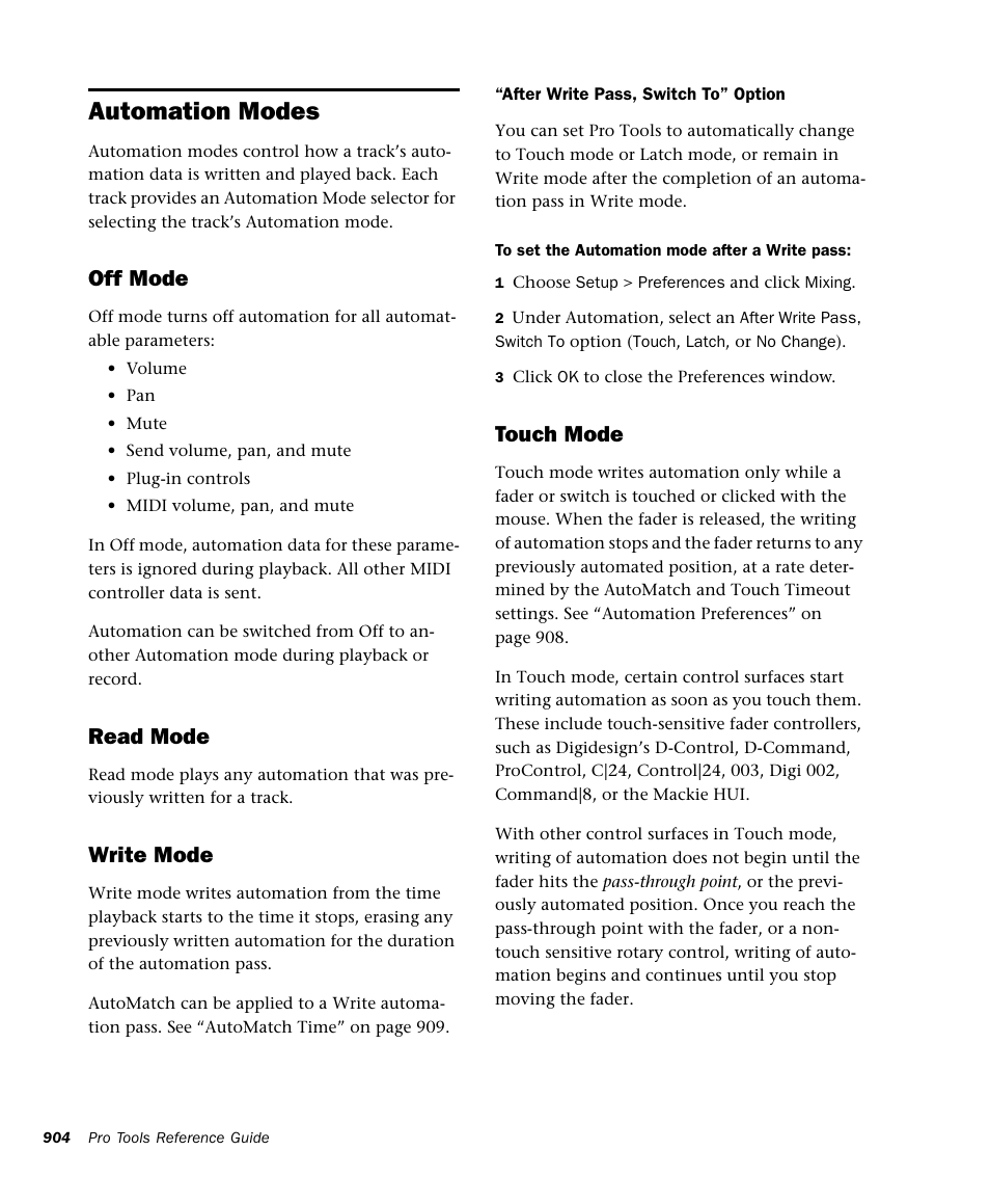 Automation modes, Off mode, Read mode | Write mode, Touch mode | M-AUDIO Pro Tools Recording Studio User Manual | Page 922 / 1112