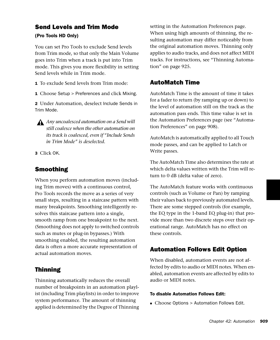 Send levels and trim mode, Smoothing, Thinning | Automatch time, Automation follows edit option | M-AUDIO Pro Tools Recording Studio User Manual | Page 927 / 1112