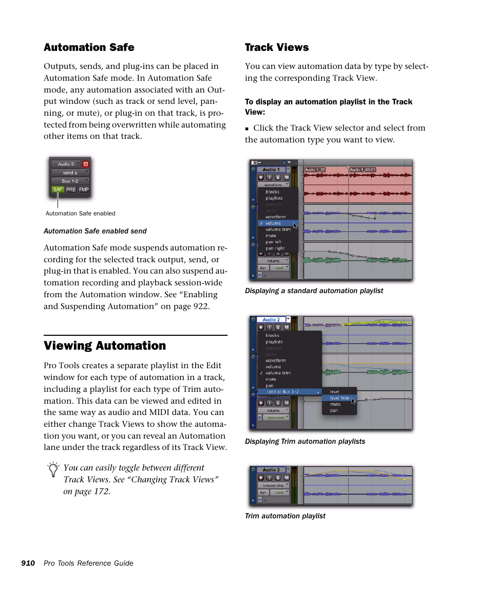 Viewing automation, Automation safe, Track views | M-AUDIO Pro Tools Recording Studio User Manual | Page 928 / 1112