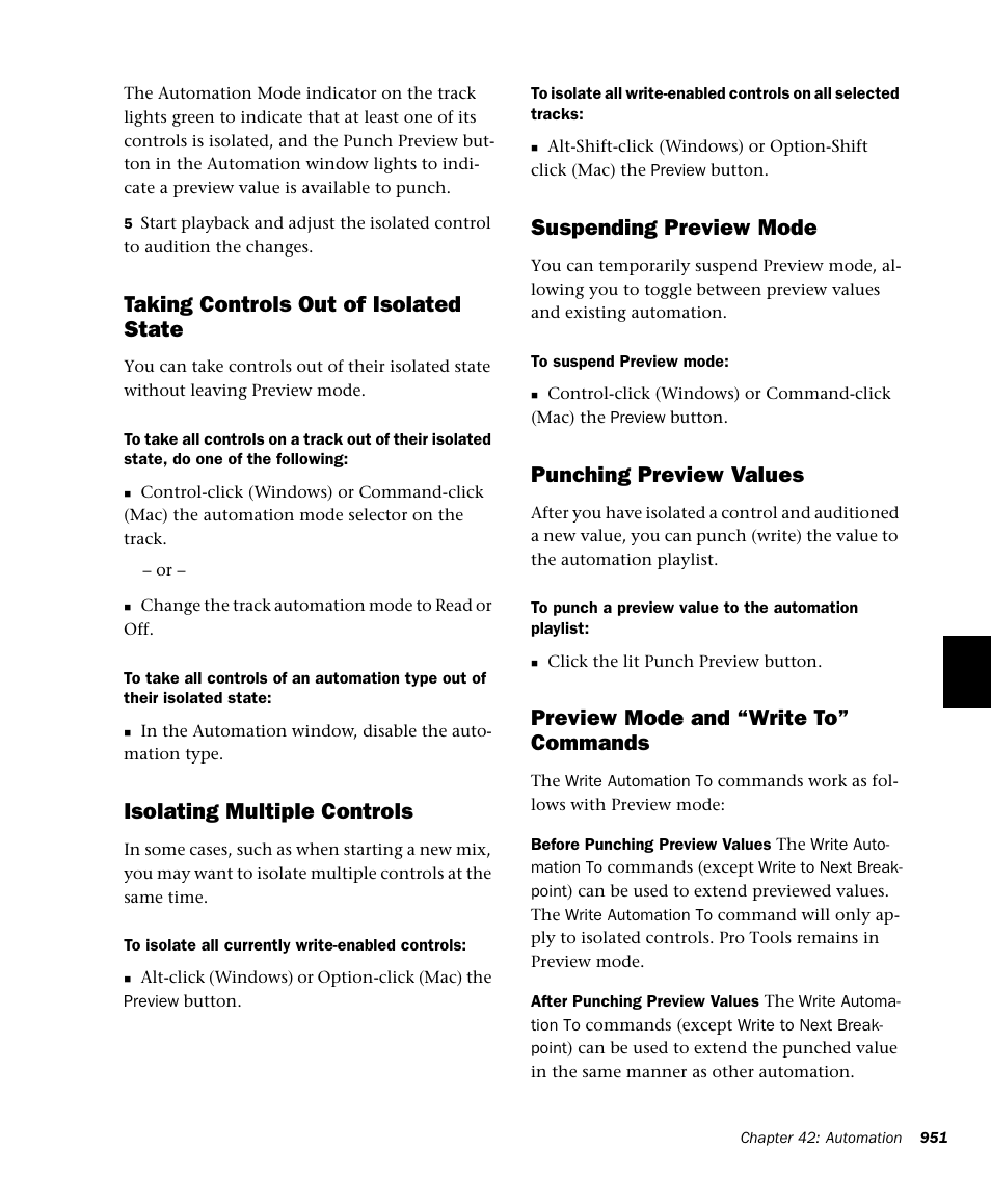 Taking controls out of isolated state, Isolating multiple controls, Suspending preview mode | Punching preview values, Preview mode and “write to” commands | M-AUDIO Pro Tools Recording Studio User Manual | Page 969 / 1112