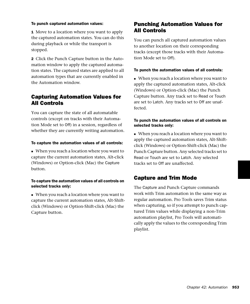 Capturing automation values for all controls, Punching automation values for all controls, Capture and trim mode | M-AUDIO Pro Tools Recording Studio User Manual | Page 971 / 1112
