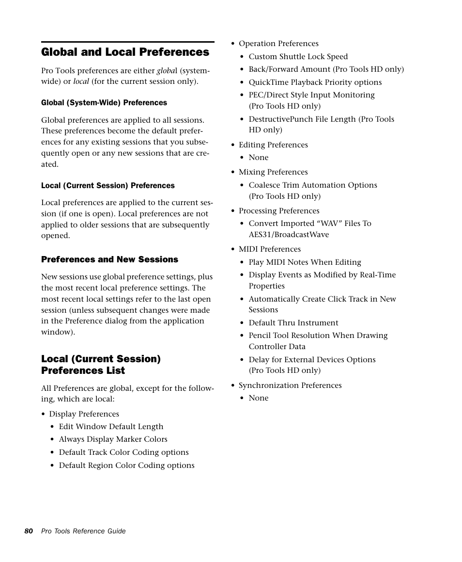Global and local preferences, Local (current session) preferences list | M-AUDIO Pro Tools Recording Studio User Manual | Page 98 / 1112