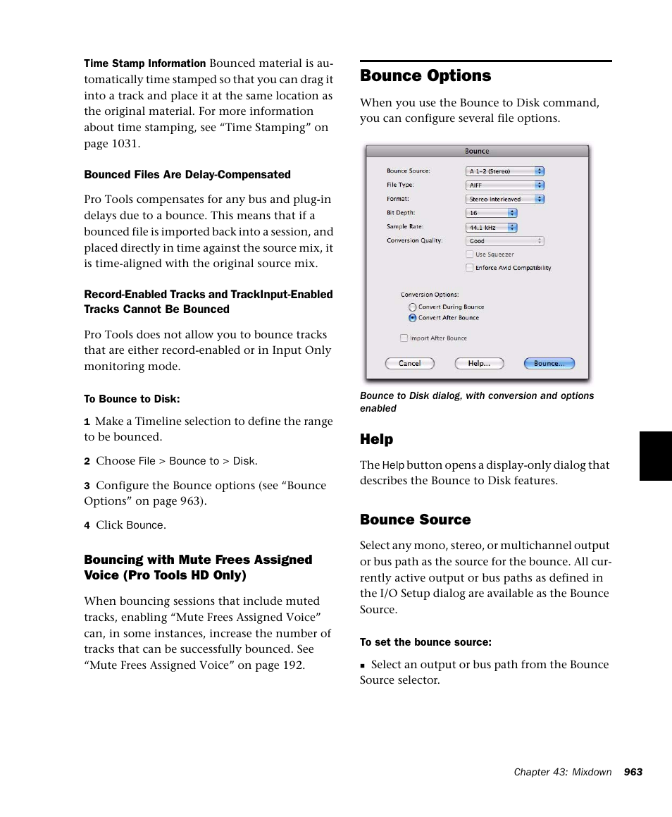 Bounce options, Help, Bounce source | M-AUDIO Pro Tools Recording Studio User Manual | Page 981 / 1112