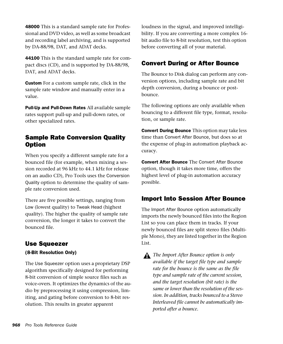 Sample rate conversion quality option, Use squeezer, Convert during or after bounce | Import into session after bounce | M-AUDIO Pro Tools Recording Studio User Manual | Page 986 / 1112