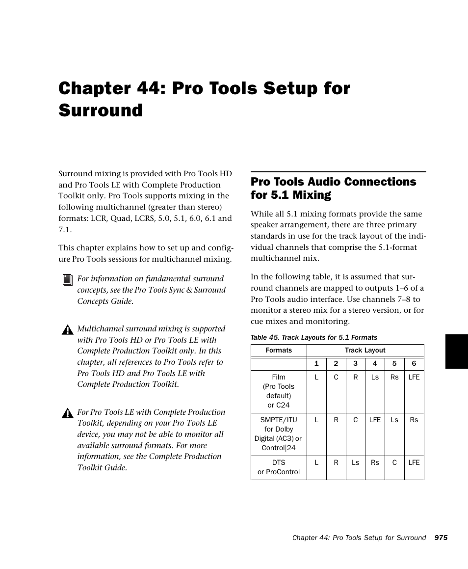 Chapter 44: pro tools setup for surround, Pro tools audio connections for 5.1 mixing, Chapter 44. pro tools setup for surround | Chapter 44, “pro tools setup for surround | M-AUDIO Pro Tools Recording Studio User Manual | Page 993 / 1112