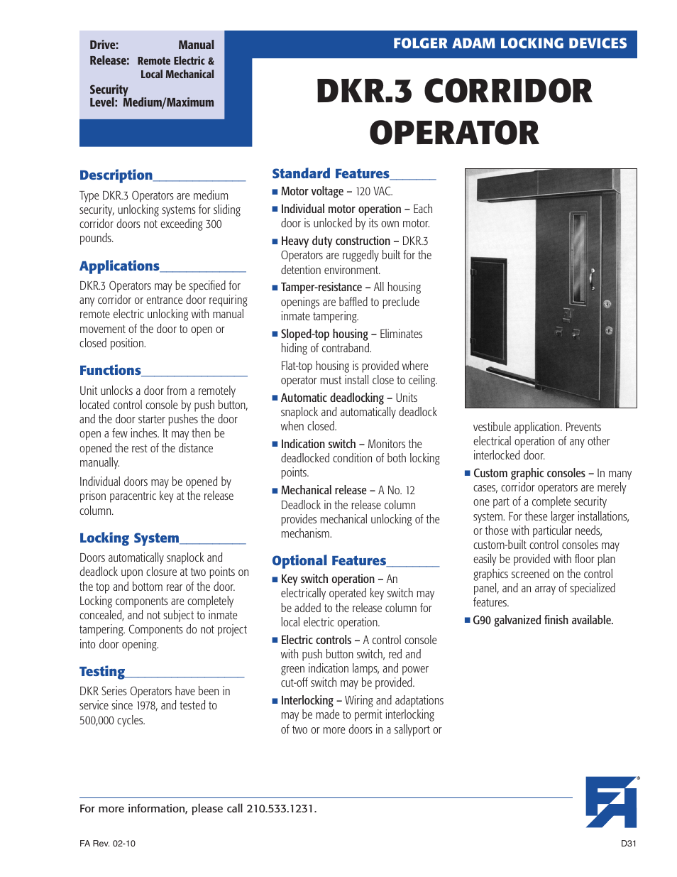 Southern Folger DKR.3 CORRIDOR OPERATOR User Manual | 2 pages