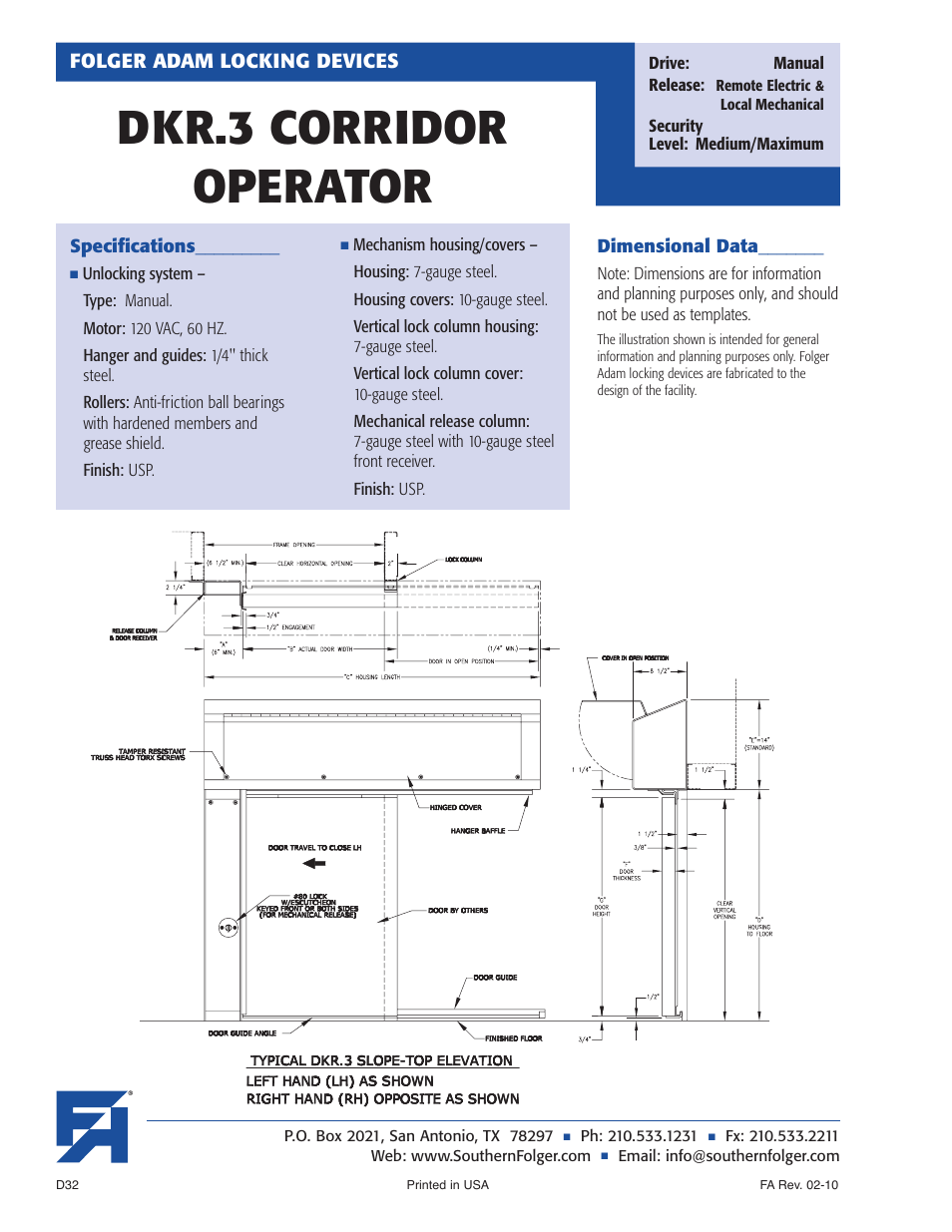 Dkr.3 corridor operator | Southern Folger DKR.3 CORRIDOR OPERATOR User Manual | Page 2 / 2