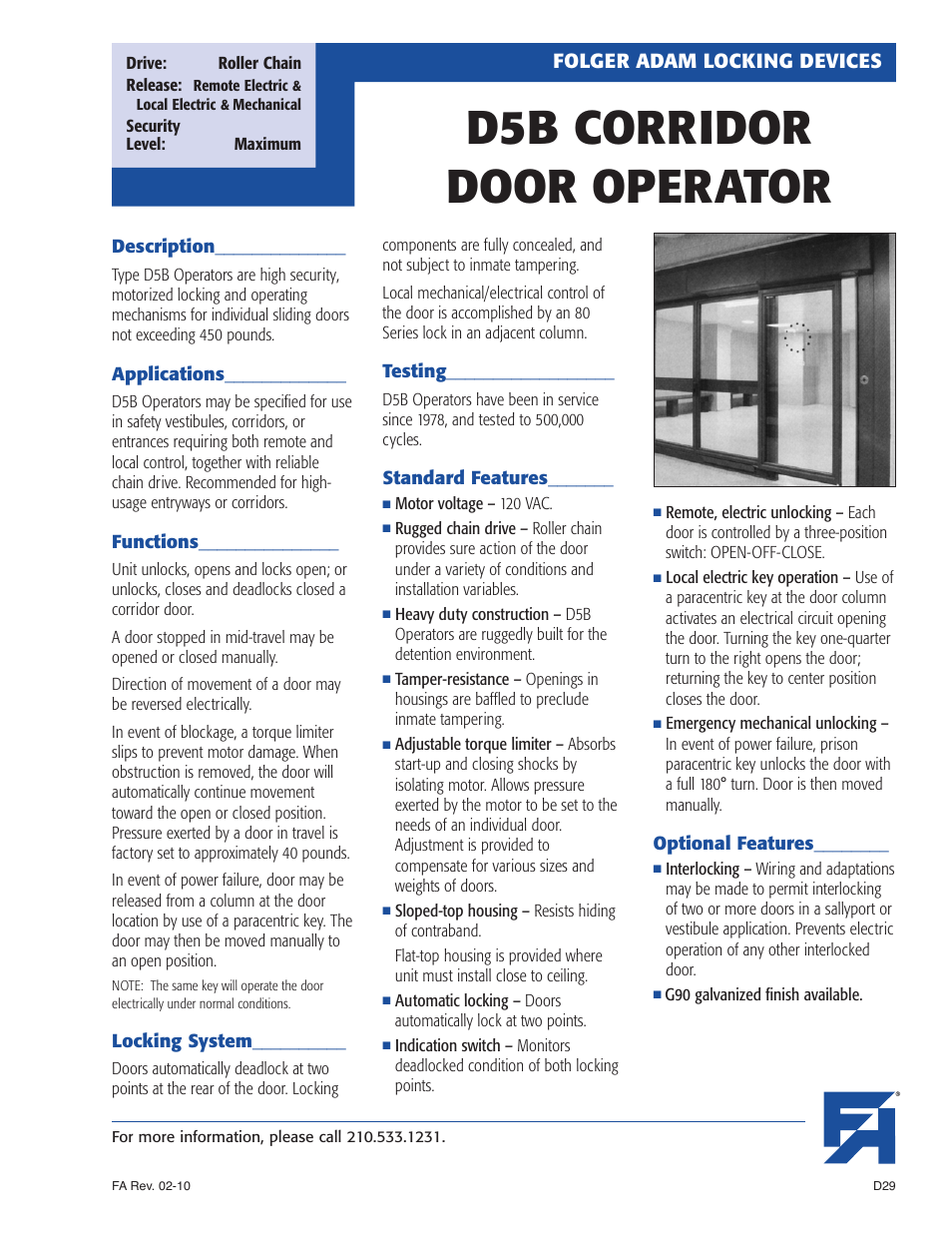 Southern Folger D5B CORRIDOR DOOR OPERATOR User Manual | 2 pages