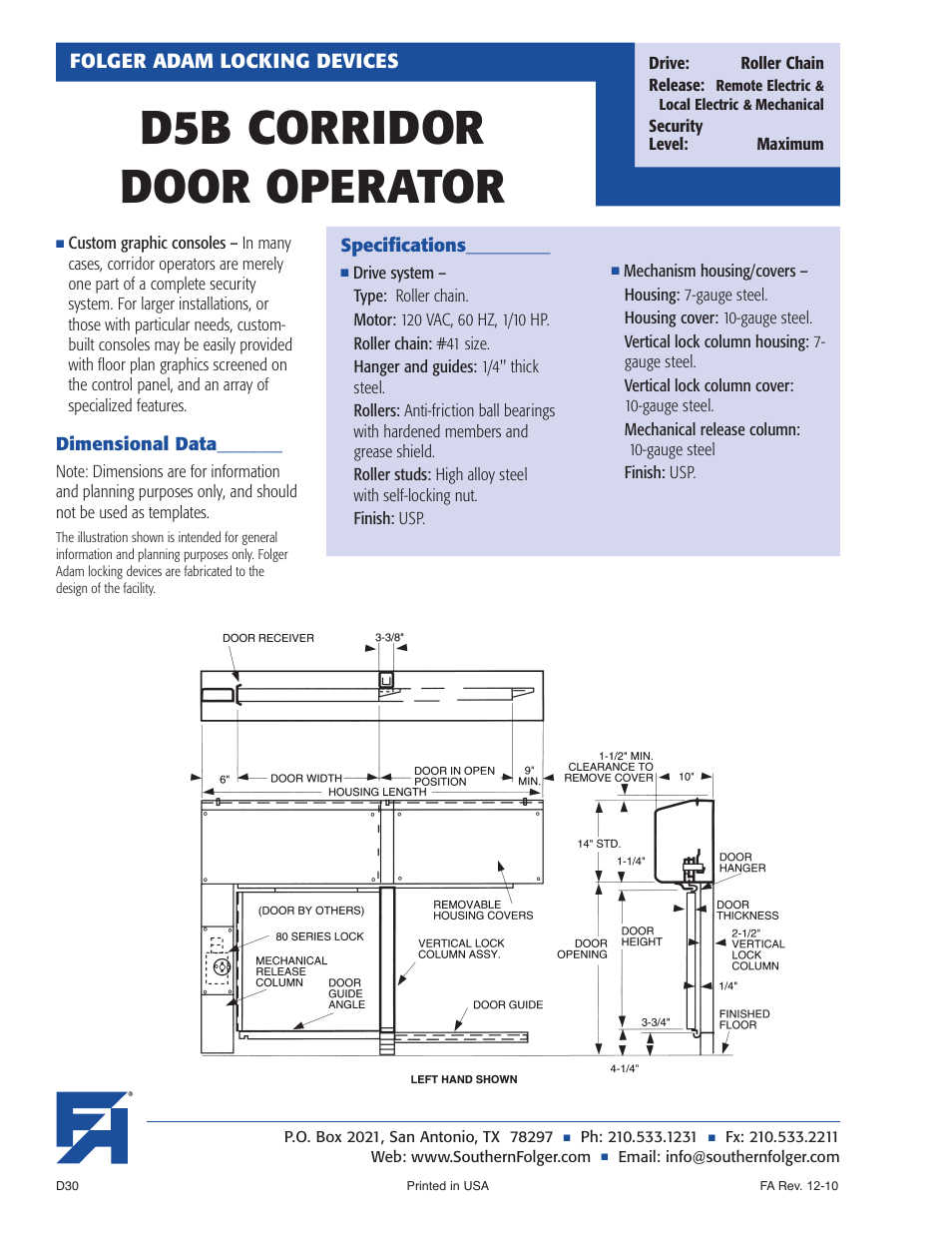D5b corridor door operator, Folger adam locking devices | Southern Folger D5B CORRIDOR DOOR OPERATOR User Manual | Page 2 / 2