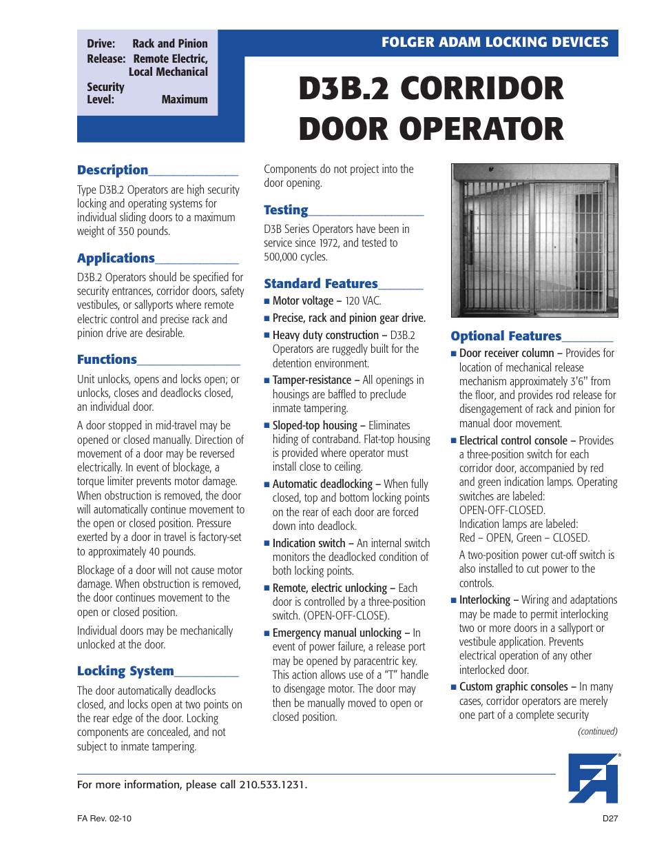 Southern Folger D3B.2 CORRIDOR DOOR OPERATOR User Manual | 2 pages