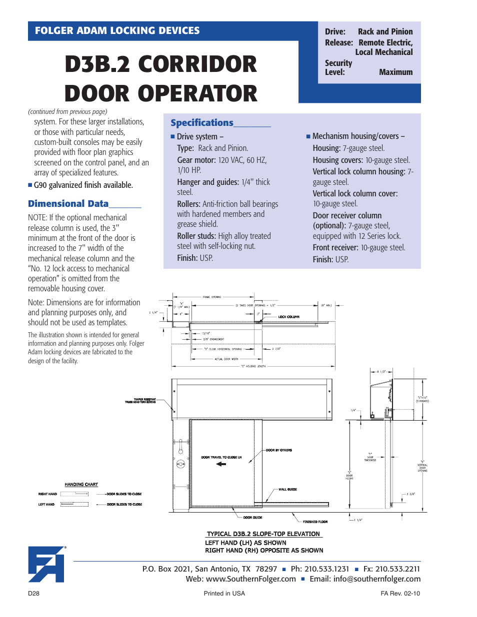 D3b.2 corridor door operator | Southern Folger D3B.2 CORRIDOR DOOR OPERATOR User Manual | Page 2 / 2