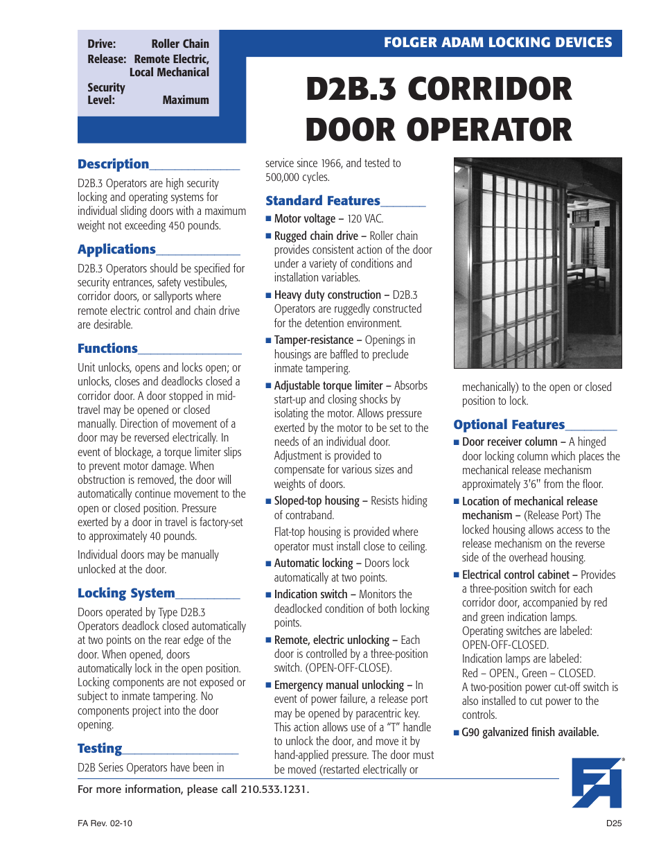 Southern Folger D2B.3 CORRIDOR DOOR OPERATOR User Manual | 2 pages