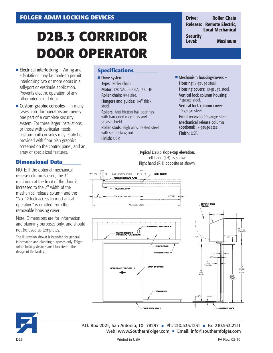 D2b.3 corridor door operator, Folger adam locking devices | Southern Folger D2B.3 CORRIDOR DOOR OPERATOR User Manual | Page 2 / 2