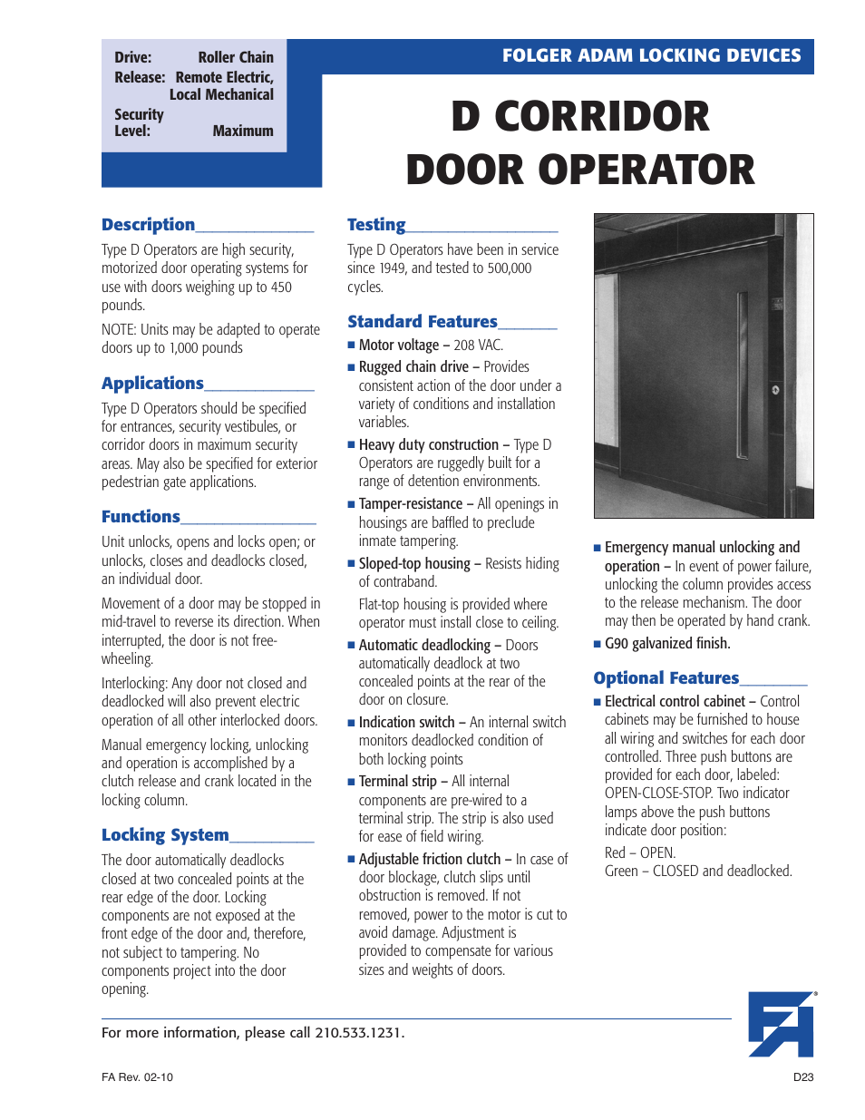 Southern Folger D CORRIDOR DOOR OPERATOR User Manual | 2 pages