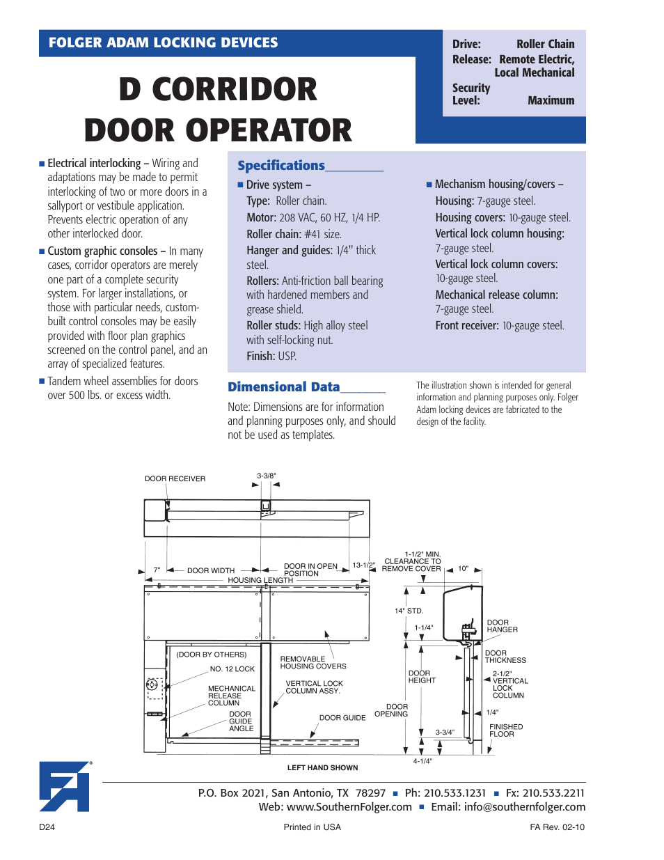 D corridor door operator, Folger adam locking devices | Southern Folger D CORRIDOR DOOR OPERATOR User Manual | Page 2 / 2