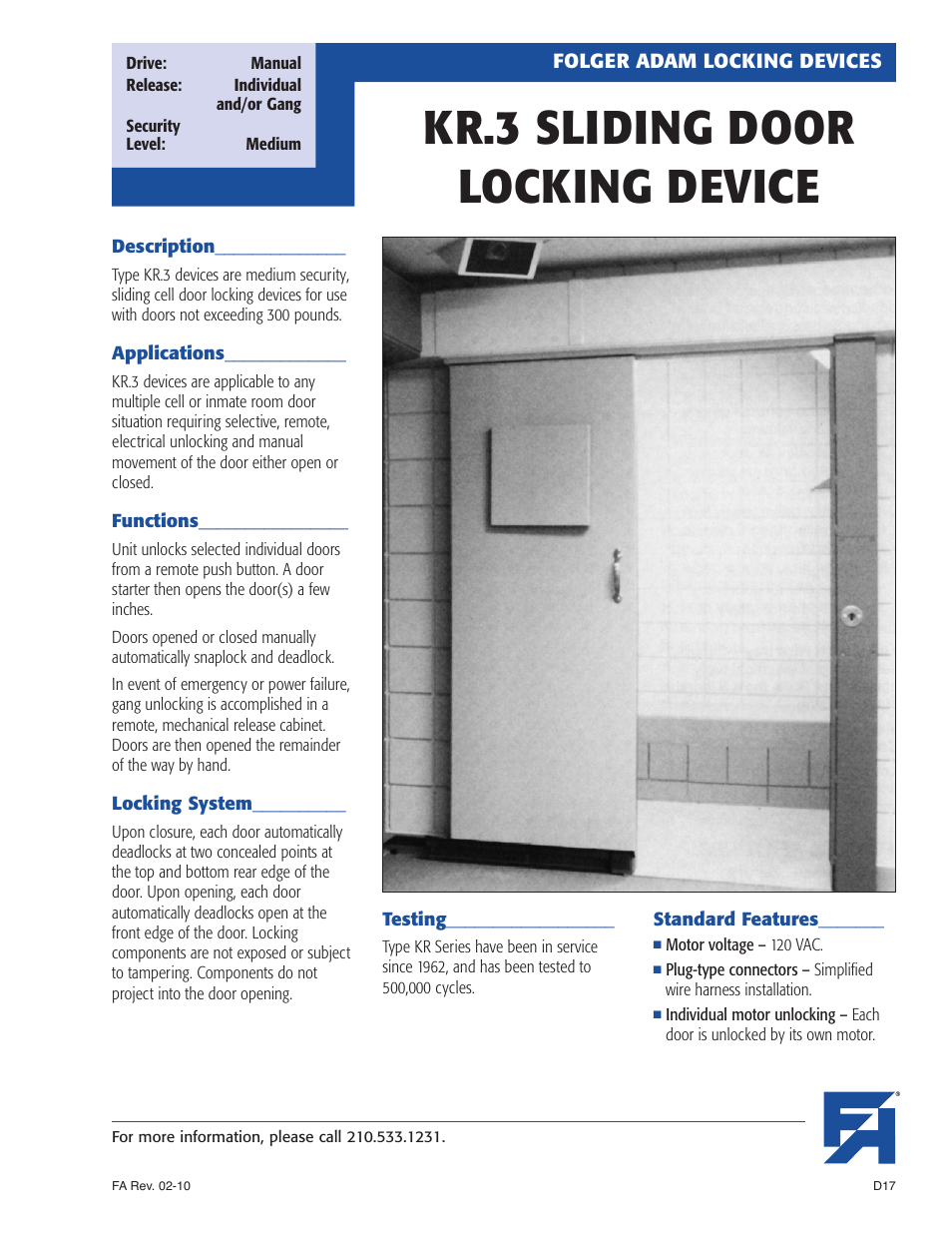 Southern Folger KR.3 SLIDING DOOR LOCKING DEVICE User Manual | 3 pages