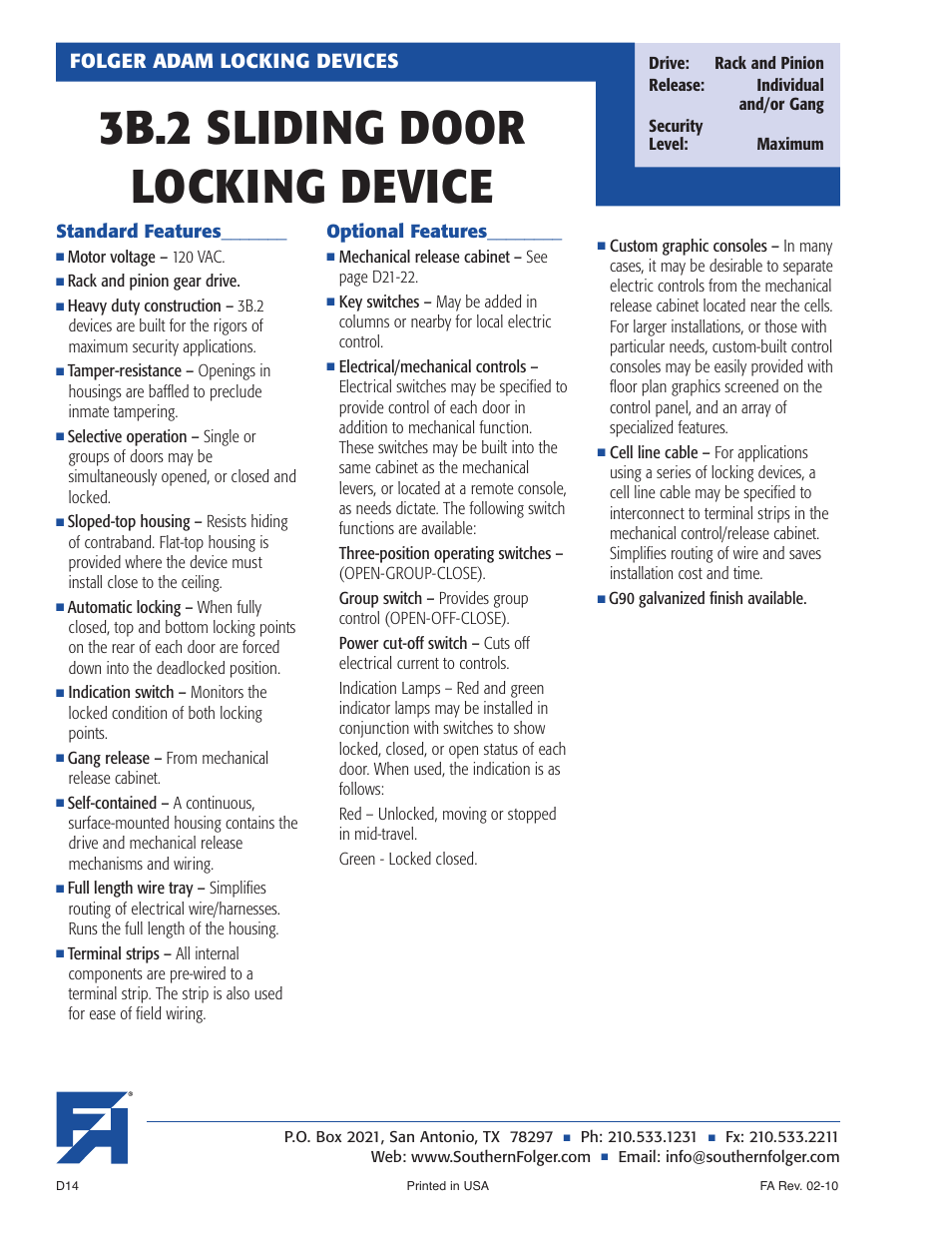 3b.2 sliding door locking device, Folger adam locking devices | Southern Folger 3B.2 SLIDING DOOR LOCKING DEVICE User Manual | Page 2 / 3