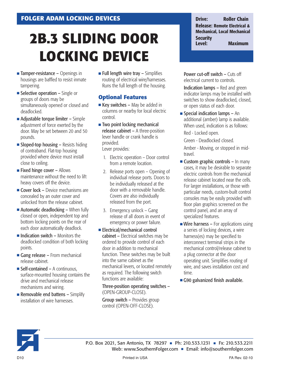 2b.3 sliding door locking device, Folger adam locking devices | Southern Folger 2B.3 SLIDING DOOR LOCKING DEVICE User Manual | Page 2 / 3