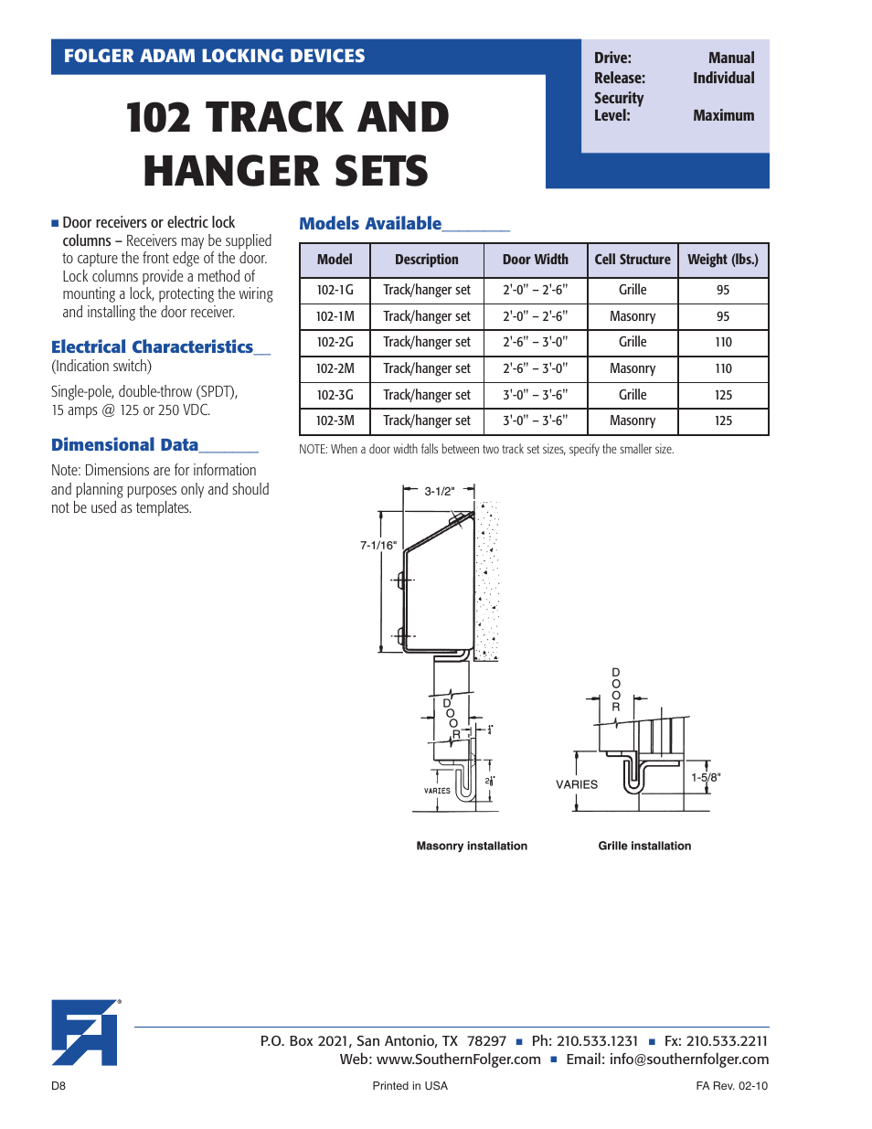 102 track and hanger sets, Folger adam locking devices | Southern Folger 102 TRACK AND HANGER SETS User Manual | Page 2 / 2