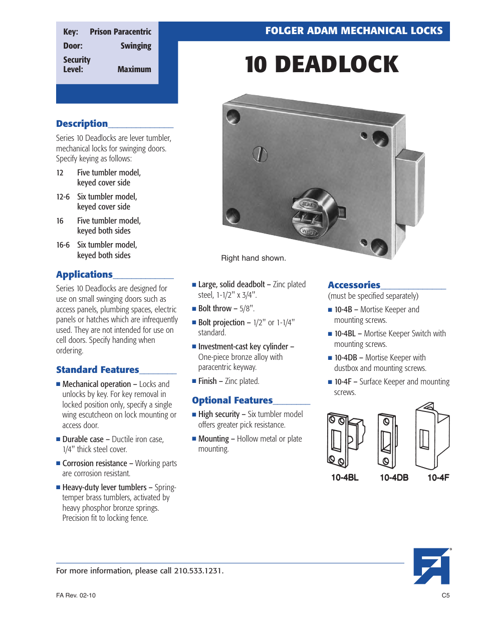 Southern Folger 10 DEADLOCK User Manual | 2 pages