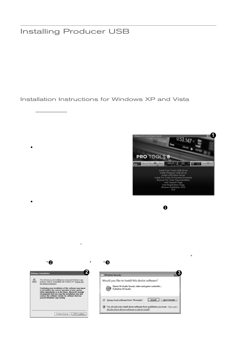 Installing producer usb, Installation instructions for windows xp and vista | M-AUDIO Pro Tools Vocal Studio User Manual | Page 3 / 9