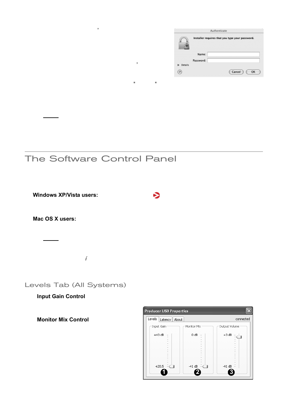 The software control panel, Levels tab (all systems) | M-AUDIO Pro Tools Vocal Studio User Manual | Page 5 / 9