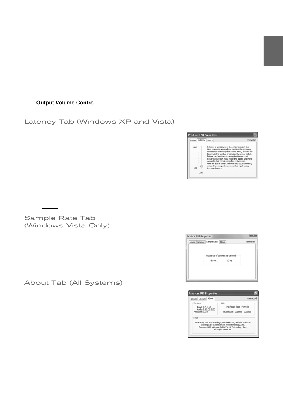 Latency tab (windows xp and vista), Sample rate tab (windows vista only), About tab (all systems) | M-AUDIO Pro Tools Vocal Studio User Manual | Page 6 / 9