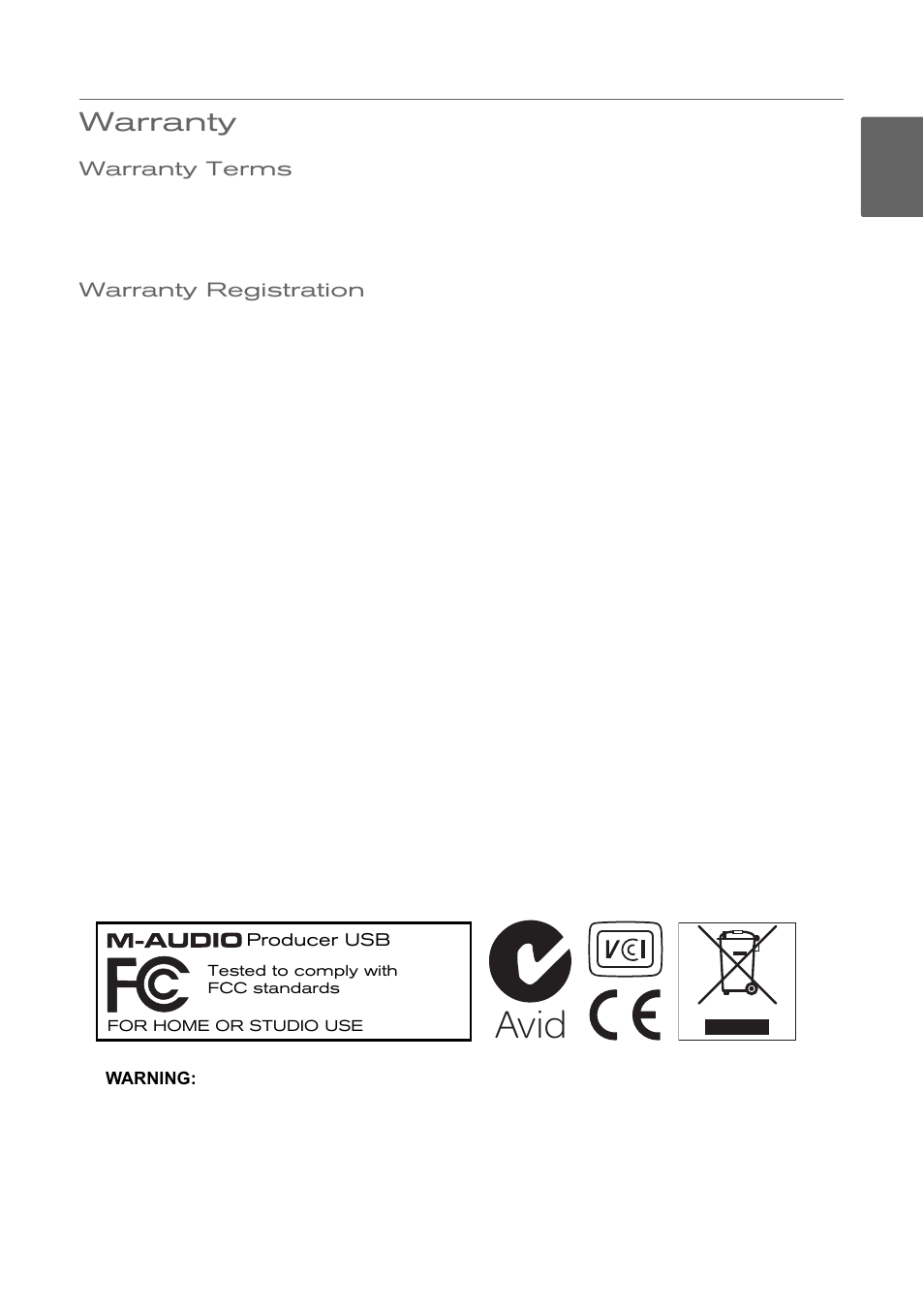 Warranty, Warranty terms, Warranty registration | Avid | M-AUDIO Pro Tools Vocal Studio User Manual | Page 8 / 9