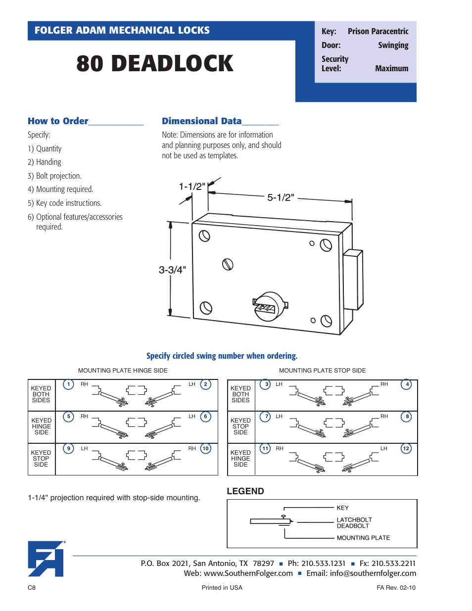 80 deadlock, Folger adam mechanical locks, How to order | Dimensional data, Legend, Specify circled swing number when ordering | Southern Folger 80 DEADLOCK User Manual | Page 2 / 2