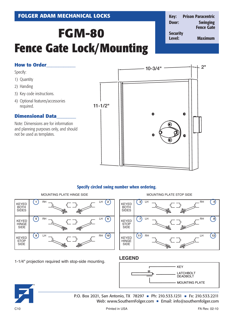Fgm-80 fence gate lock/mounting, Folger adam mechanical locks, How to order | Dimensional data, Legend, Specify circled swing number when ordering | Southern Folger FGM-80 Fence Gate Lock_Mounting User Manual | Page 2 / 2