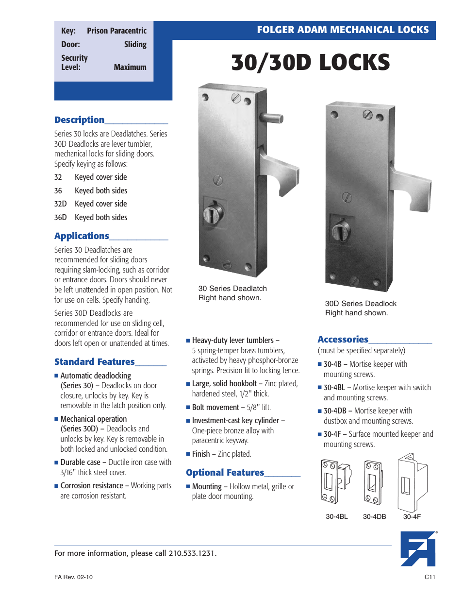 Southern Folger 30_30D LOCKS User Manual | 2 pages