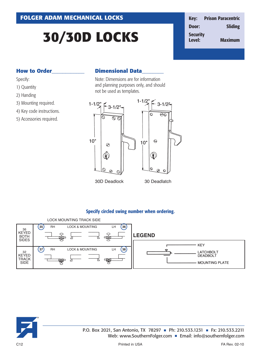 30/30d locks, Folger adam mechanical locks, How to order | Dimensional data, Legend | Southern Folger 30_30D LOCKS User Manual | Page 2 / 2