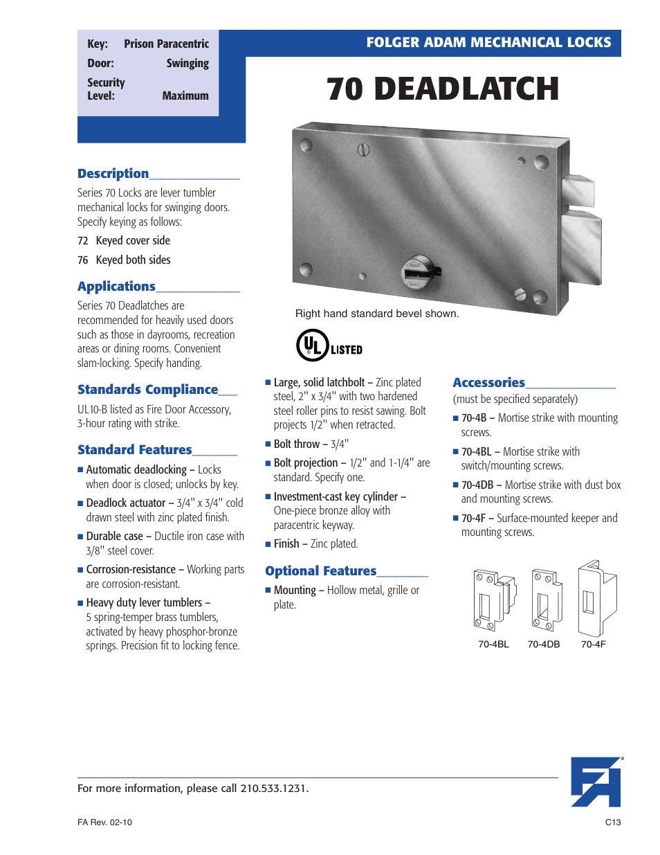 Southern Folger 70 DEADLATCH User Manual | 2 pages