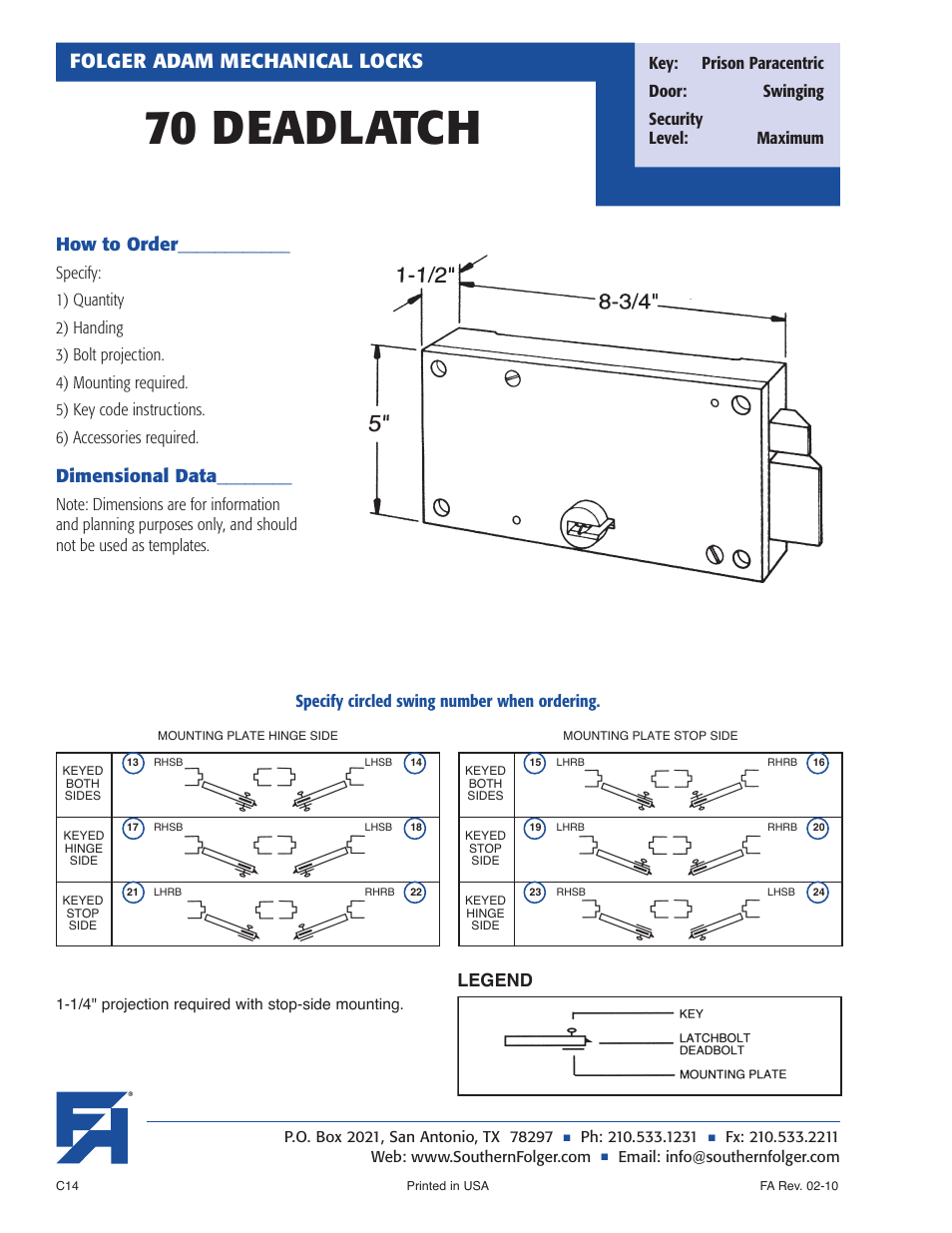 70 deadlatch, Folger adam mechanical locks, How to order | Dimensional data, Legend, Specify circled swing number when ordering | Southern Folger 70 DEADLATCH User Manual | Page 2 / 2