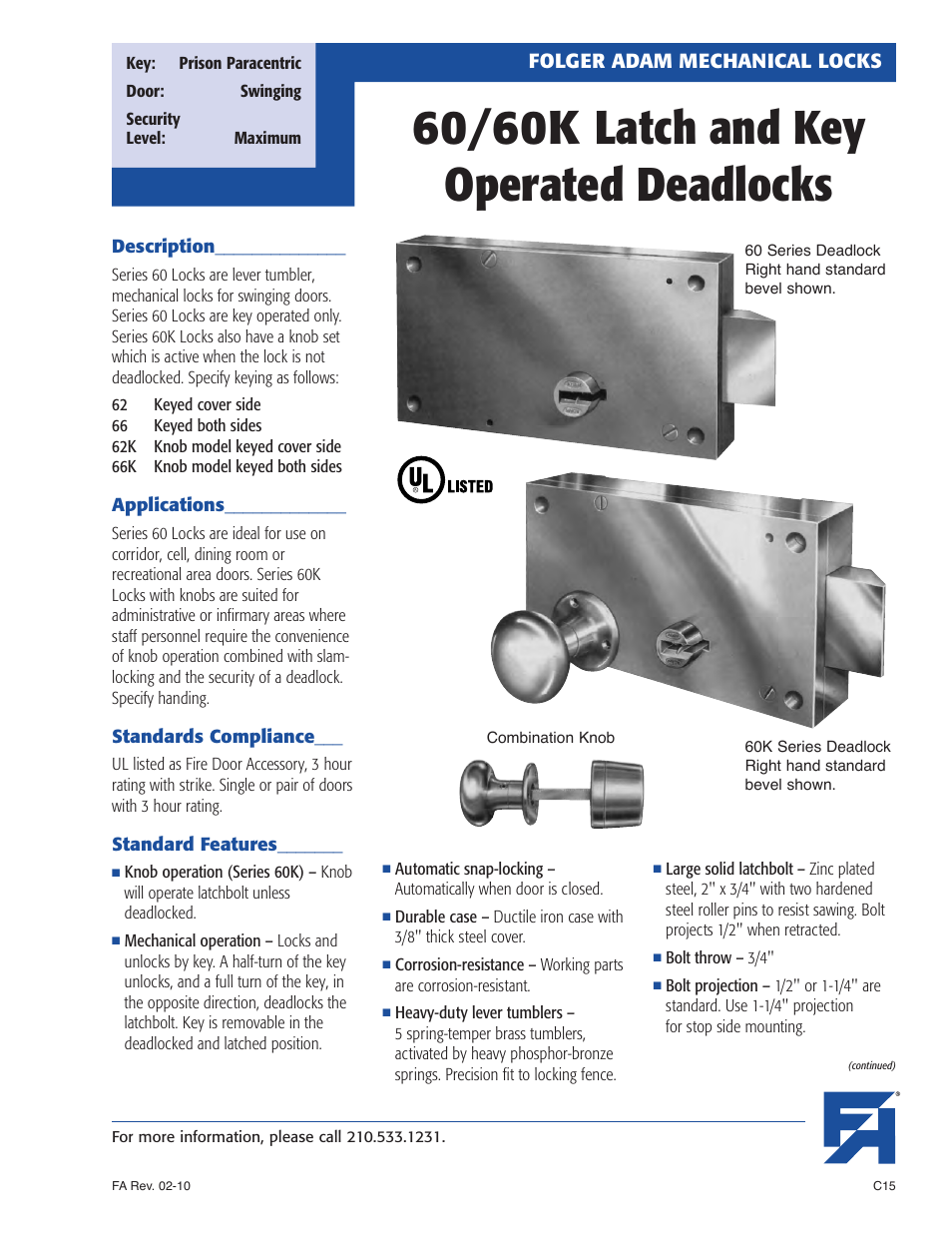 Southern Folger 60_60K Latch and Key Operated Deadlocks User Manual | 2 pages