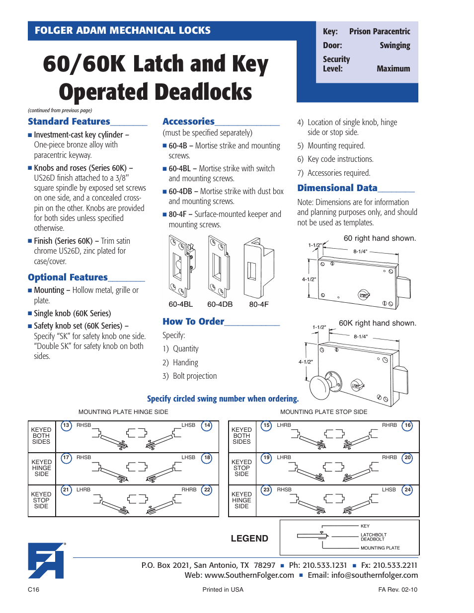 60/60k latch and key operated deadlocks, Folger adam mechanical locks, Standard features | Optional features, Accessories, How to order, Dimensional data, Legend, Mounting – hollow metal, grille or plate, Single knob (60k series) | Southern Folger 60_60K Latch and Key Operated Deadlocks User Manual | Page 2 / 2