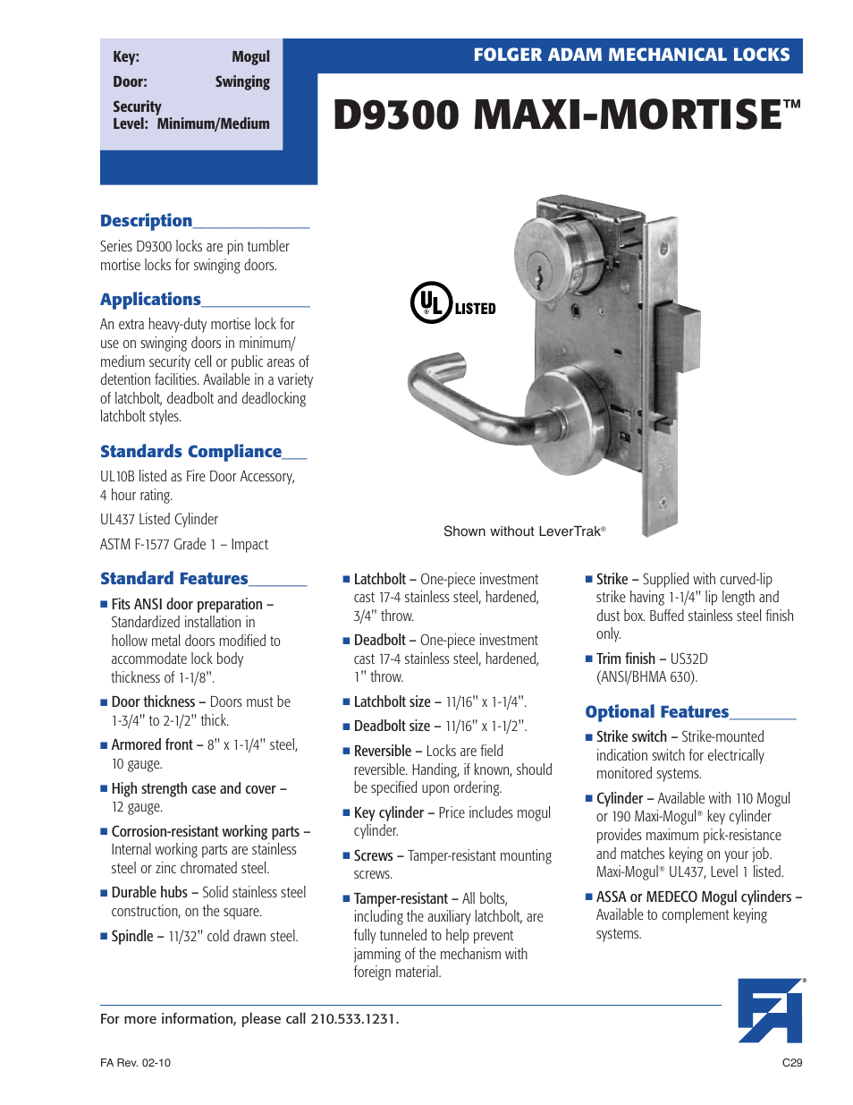Southern Folger D9300 MAXI-MORTISE User Manual | 8 pages