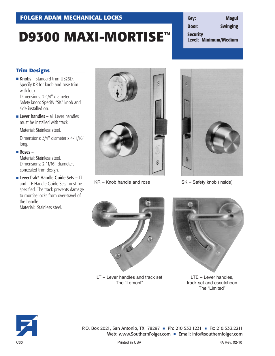 D9300 maxi-mortise, Folger adam mechanical locks | Southern Folger D9300 MAXI-MORTISE User Manual | Page 2 / 8