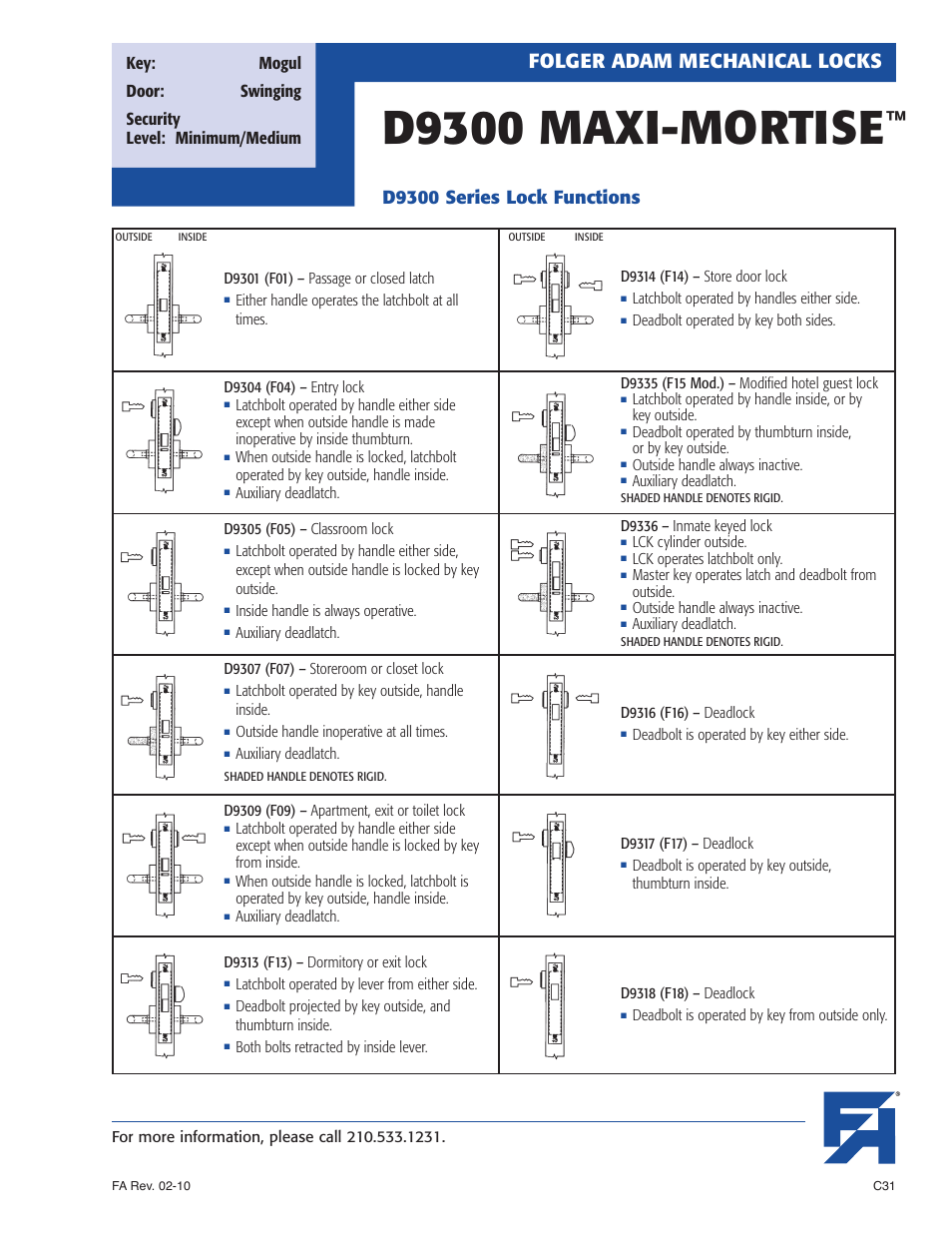 D9300 maxi-mortise, Folger adam mechanical locks, D9300 series lock functions | Southern Folger D9300 MAXI-MORTISE User Manual | Page 3 / 8