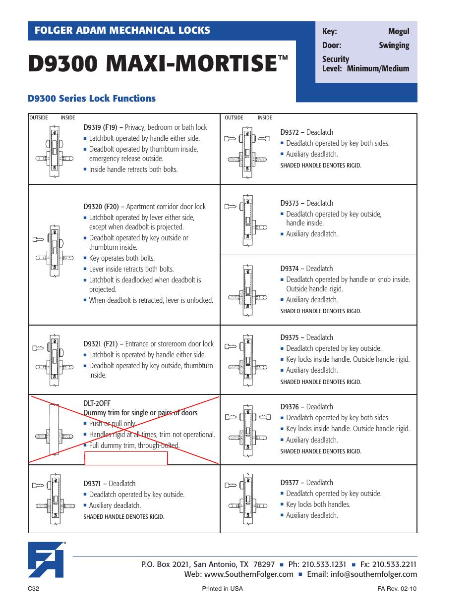 D9300 maxi-mortise, Folger adam mechanical locks, D9300 series lock functions | Not available | Southern Folger D9300 MAXI-MORTISE User Manual | Page 4 / 8